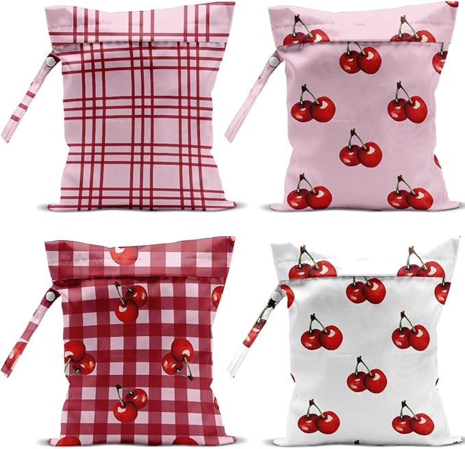 4 Pack Cute Cherry Checkered Wet Bag Waterproof Washable Reusable Wet Dry Bag for Swimsuit Pump Parts Dirty Clothes Bathing Cloth Diaper Travel Beach Pool Yoga Gym Toiletries Travel Beach Essentials