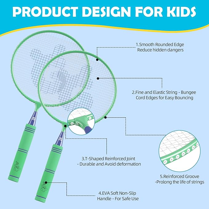 JOY SPOT! Kids Badminton Rackets Set with Soft Grip, Oversize & Lightweight Shuttlecocks Racquet with Carry Bag for Children Youth, 2 Player Sport Game for Indoor Outdoor Backyard