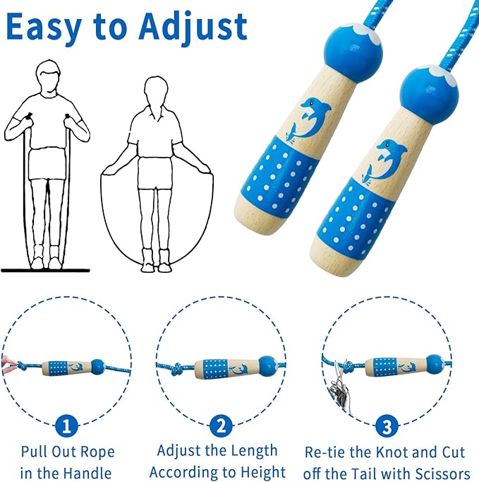 EGOSKY Jump Rope Kids, 7.2ft Children Adjustable Cotton Skipping Rope with Wooden Handle for Boys Girls Fitness Outdoor Activity