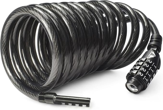 MARQUE Combination Bike Lock Cable- 3/8 inch (5FT, 10FT, 15FT, 25FT) Resettable Combination Lock, Anti-Theft Coiled Secutiry Cable for Bicycles, Kayaks, Paddle Boards, Gates and Outdoor Gear (10 FT)