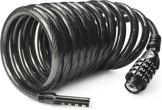 MARQUE Combination Bike Lock Cable- 3/8 inch (5FT, 10FT, 15FT, 25FT) Resettable Combination Lock, Anti-Theft Coiled Secutiry Cable for Bicycles, Kayaks, Paddle Boards, Gates and Outdoor Gear (10 FT)