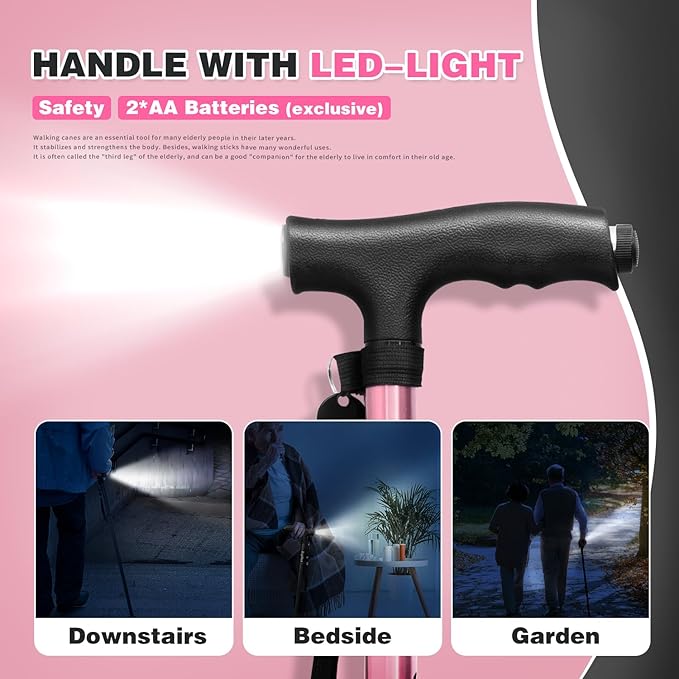 BigAlex Folding Walking Cane with LED Light,Pivoting Quad Base,Adjustable Walking Stick with Carrying Bag for Men/Women