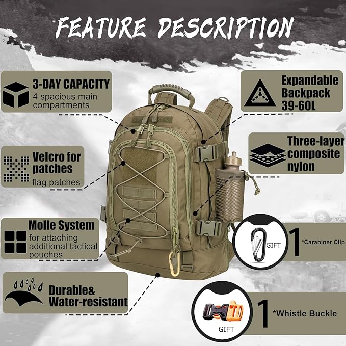 Expandable 40-64L Military Tactical Backpack 3 Day Bag Hiking Gym Sport Camping