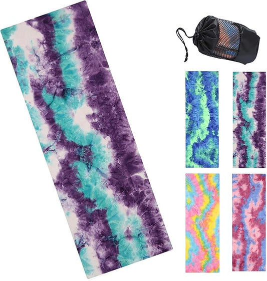 Tie-Dye Hot Yoga Towel with Non-Slip Grip Dots, Microfiber Yoga Mat Sweat Absorbent Mat Cover for Yoga, Pilates, & Workouts - 72" x 24.8", Free Carry Bag (Purple)