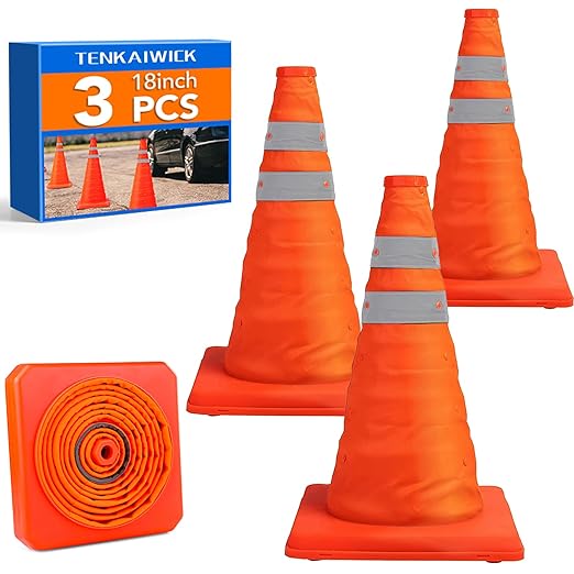 [3 Pack]18 Inch Collapsible Traffic Safety Cones - Parking Cones with Reflective Collars, Orange Safety Cones for Parking lot, Driveway, Driving Training etc