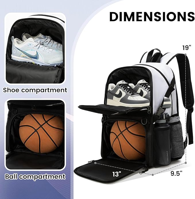 Basketball Bag Backpack with Ball Holder and Shoes Compartment,Best for Basketball, Soccer, Volleyball, Gym. (WHITE)