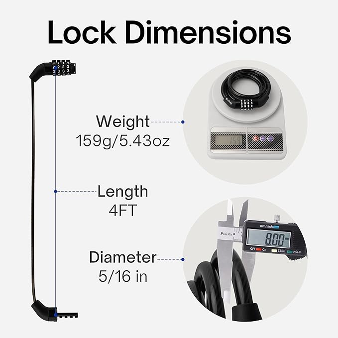Light Bike Cable Lock Combination,4 Digit,4ft Long Resettable Combination High Security Bicycle Lock for Scooter, Mountain Bike,Kids Bike Lock,Vinyl-Coated Anti-Theft 5/16 in Diameter