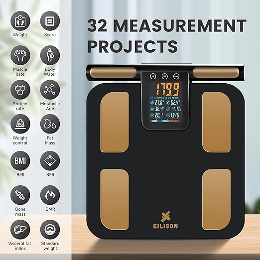 EILISON Smart Scale for Body Weight: 8-Electrode Digital Bathroom Scale for Fat BMI Muscle Body Composition Analyzer 32 Biometric Bluetooth Highly Accurate Weighing Machine,400lbs (Grey)