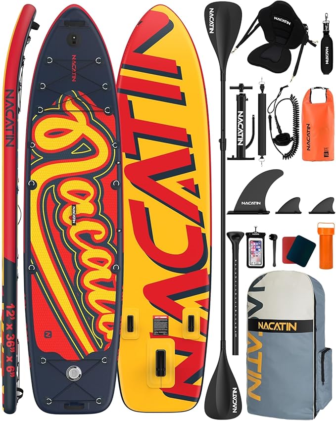 Inflatable Stand Up Paddle Board 12' with Kayak Seat & Dual Paddles – Premium SUP Board for Adults & Families Includes Kayak Conversion Kit, Pump, Leash & Accessories – Stable Wide Deck for Beginners