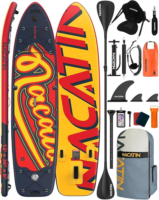 Inflatable Stand Up Paddle Board 12' with Kayak Seat & Dual Paddles – Premium SUP Board for Adults & Families Includes Kayak Conversion Kit, Pump, Leash & Accessories – Stable Wide Deck for Beginners