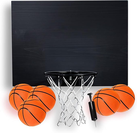 Elite Mini Basketball Hoop & Ball Set, Wall Mount, Indoor Made in The USA Cedar Backboard. Includes 9” Hoop, Net, Pump & 5 Mini Basketballs.