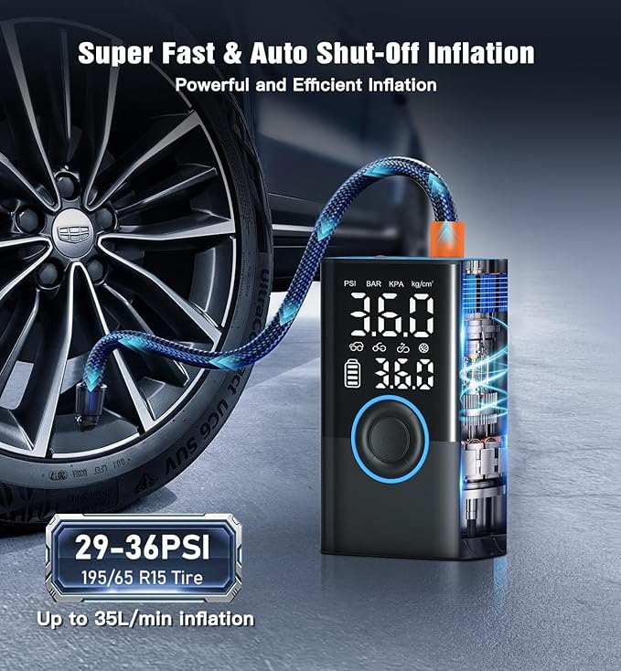 Tire Inflator Portable Air Compressor Portable Cordless Mini Air Pump with Digital Pressure Gauge Inflater 150PSI Fast Inflation and Auto Shutoff Function Tires Pump for Cars Motorcycles Bikes (Blue)