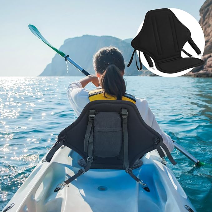 Lewtemi 4 Pack Padded Kayak Seat Fishing Boat Seat with Back Support and Storage Bag Detachable Paddle Board Seat Canoe Seat with Adjustable Back Strap for Summer Sup Canoe Universal Sit, Black