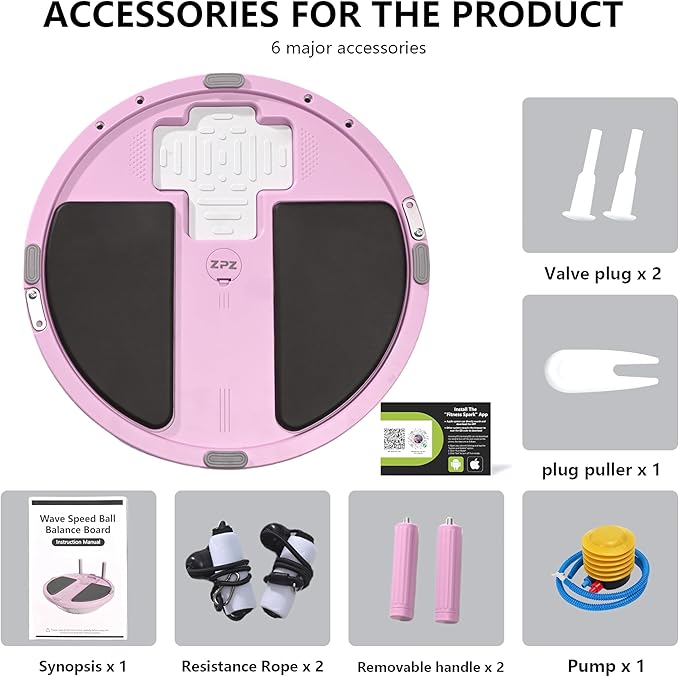 ZPZ Half Balance Ball Trainer, Compact Portable Inflatable Exercise Yoga Stability Ball with App-Based Balance Game, Pilates Resistance Bands, Foot Pump, Non-Slip Base for for Full-Body Workouts, Home Gym & Easy Storage (18.3 Inch Pink)