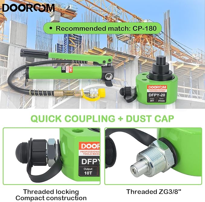 20T 1.2"/30mm Stroke Portable Hydraulic Cylinder Portable Low Profile Jack Sets Multi-Acting Porta Power Ram Jack Kits Lifting Cylinder with CP-180 Hydraulic Hand Pump