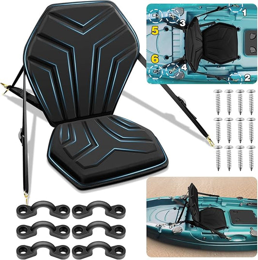 HLOGREE 6-Point Attachment - Thick Padded Kayak Seat Cushion with Back Support,Extra Cushioned Kayak Replacement Seat Universal for Hobie,Sit on Top,Lifetime,Pelican,Perception,Raised,Sit in