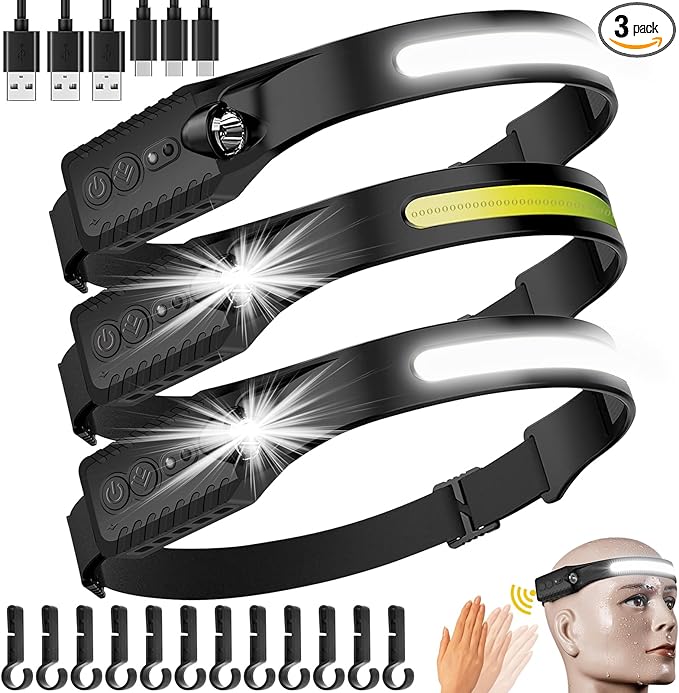 najiaxiaowu Rechargeable LED Headlamp 3 Packs,COB230° Wide Light Headlamp, 5 Modes of Lightweight Headlamps with Motion Sensors, Type-C USB Charging Headlamps,Suitable for Night Running