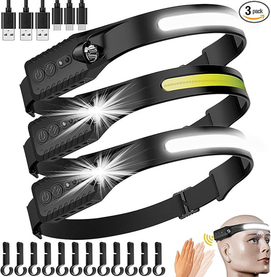 najiaxiaowu Rechargeable LED Headlamp 3 Packs,COB230° Wide Light Headlamp, 5 Modes of Lightweight Headlamps with Motion Sensors, Type-C USB Charging Headlamps,Suitable for Night Running