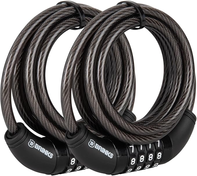 BRINKS 6 ft Outdoor Bike Lock Cable 2 Pack, Anti Theft Self-Coiling Design, Resettable 4-Dial Combination, 5/16" Weather-Resistant Vinyl Coating for Bikes