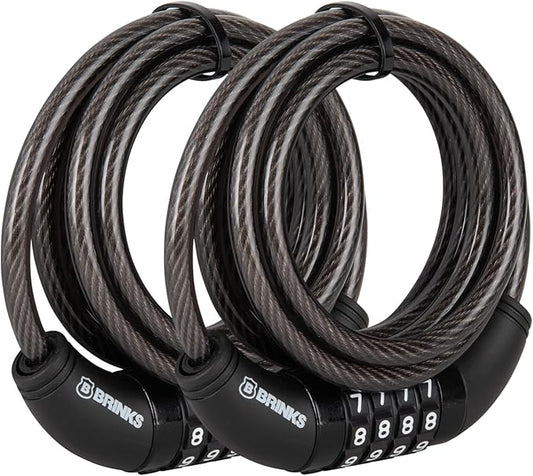 BRINKS 6 ft Outdoor Bike Lock Cable 2 Pack, Anti Theft Self-Coiling Design, Resettable 4-Dial Combination, 5/16" Weather-Resistant Vinyl Coating for Bikes