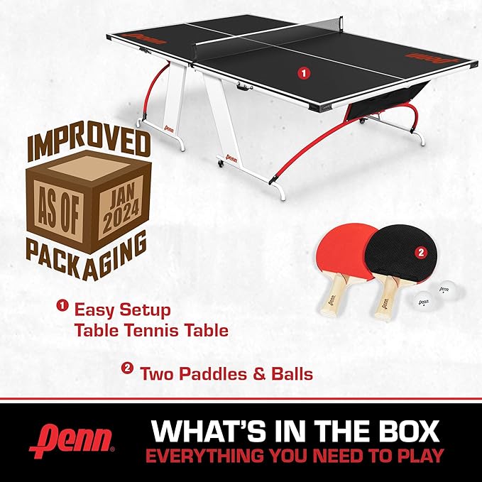 Penn Easy Setup Full Size Table Tennis Table – 100% Preassembled – Sets up in Under 5 Minutes – Play Anywhere – Compact Storage – Ping Pong Table with 2 Paddles and 2 Balls