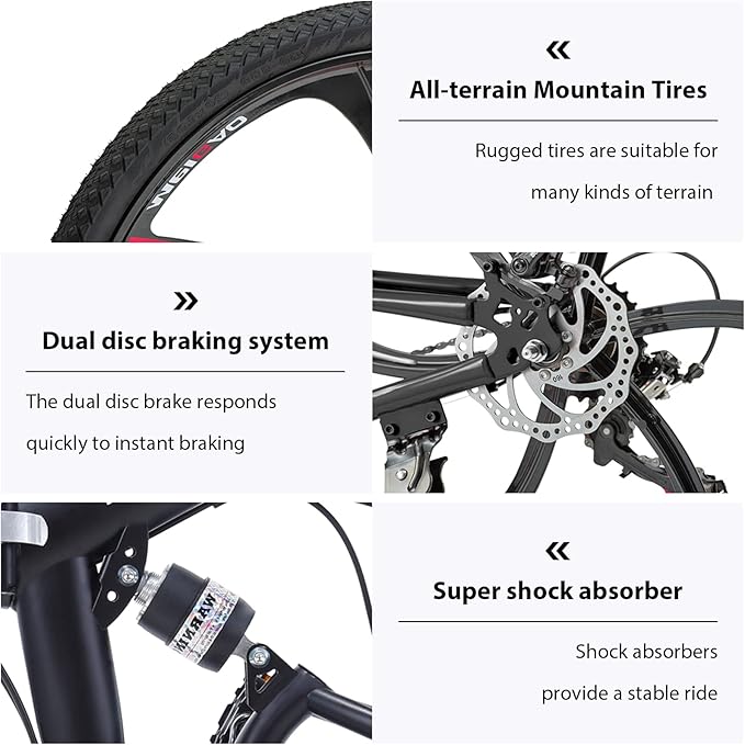 26 ich Folding Mountain Bike, 21 Speed High Carbon Steel Mountain Bike for Adults with 26 Inches Durable Tires, Front Suspension Folding Bicycle for Women and Man