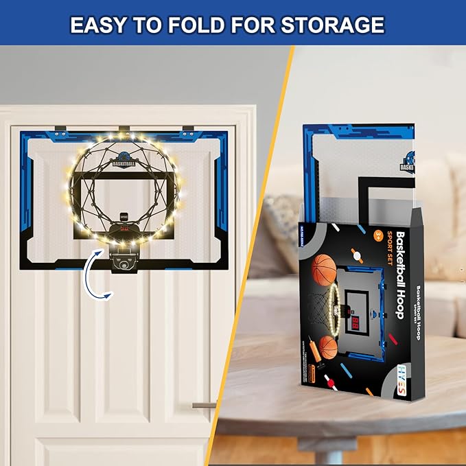 24" x 16" Large Basketball Hoop Indoor for Adults, Over The Door Basketball Hoop with Electronic Scoreboard/LED Rim, Big Basketball Toys Gifts Ideas for Man Kids Teens Boys Girls, Blue