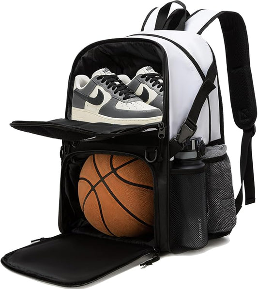Basketball Bag Backpack with Ball Holder and Shoes Compartment,Best for Basketball, Soccer, Volleyball, Gym. (WHITE)