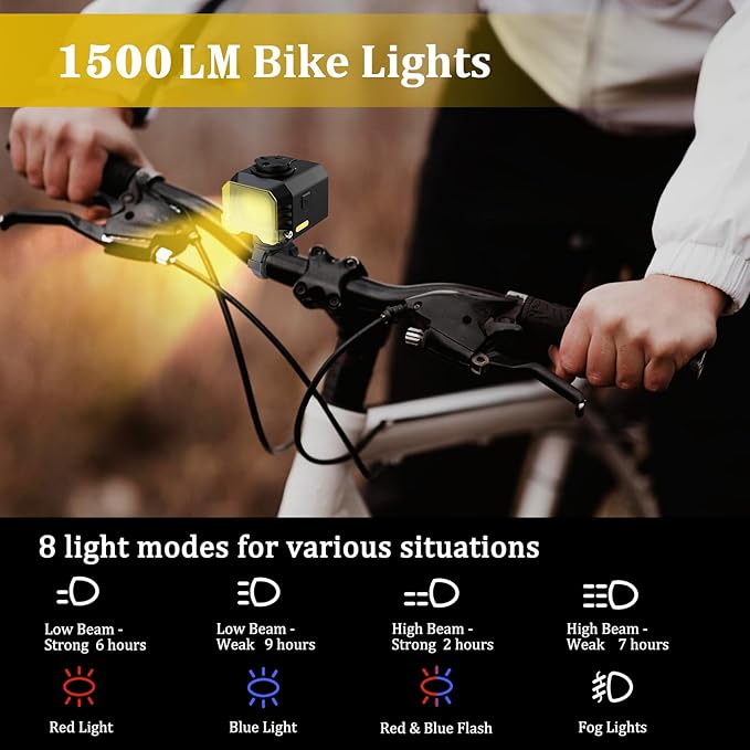 Ultra-Bright Rechargeable Bike Light, IPX5 8 Modes Including Fog Lights, Type-C Fast Charging, Rear Light with 5 Modes – Ideal for Night Riding, Mountain Biking, Commuting, Road Cycling