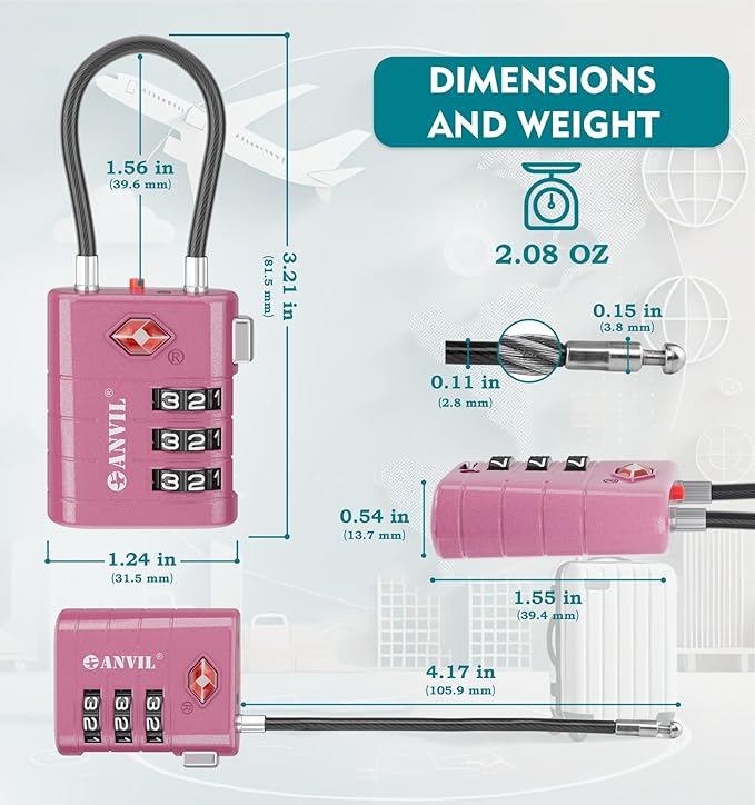 ANVIL TSA Approved Luggage Locks – High Security TSA008 Combination Travel Locks with Inspection Indicator for Suitcases and Backpacks. (4, Rose Purple)