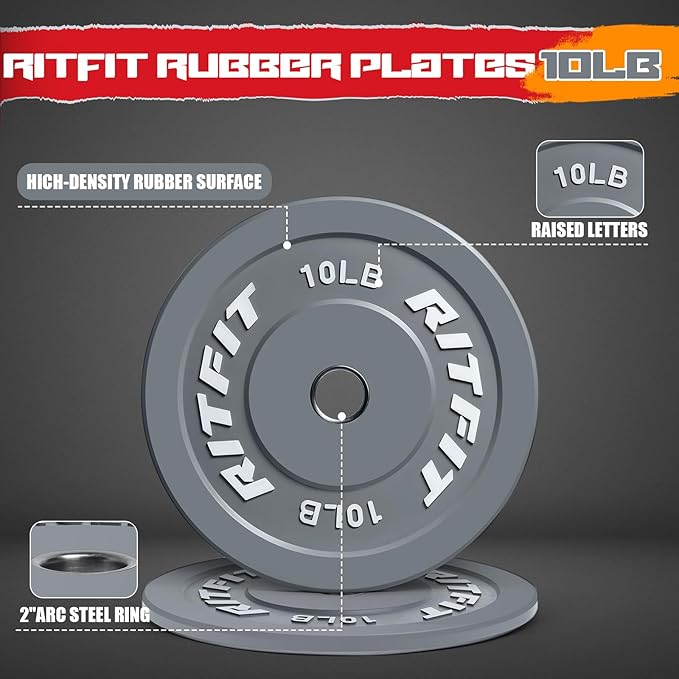 RitFit Color Coded Olympic Bumper Plate for Barbell - 2-Inch Weight Plates With Steel Insert, Rubber Weights for Strength Training in Home Gym