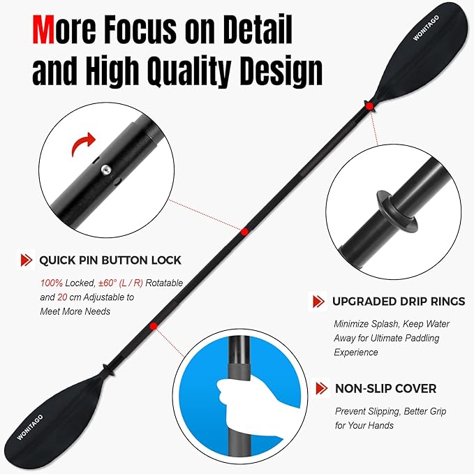 Kayak Paddles with Alloy Shaft and PP Blade, Floating Kayaking Oars, Adjustable 230-250 cm/90-98 Inches, 210-230 cm/82-90 Inches