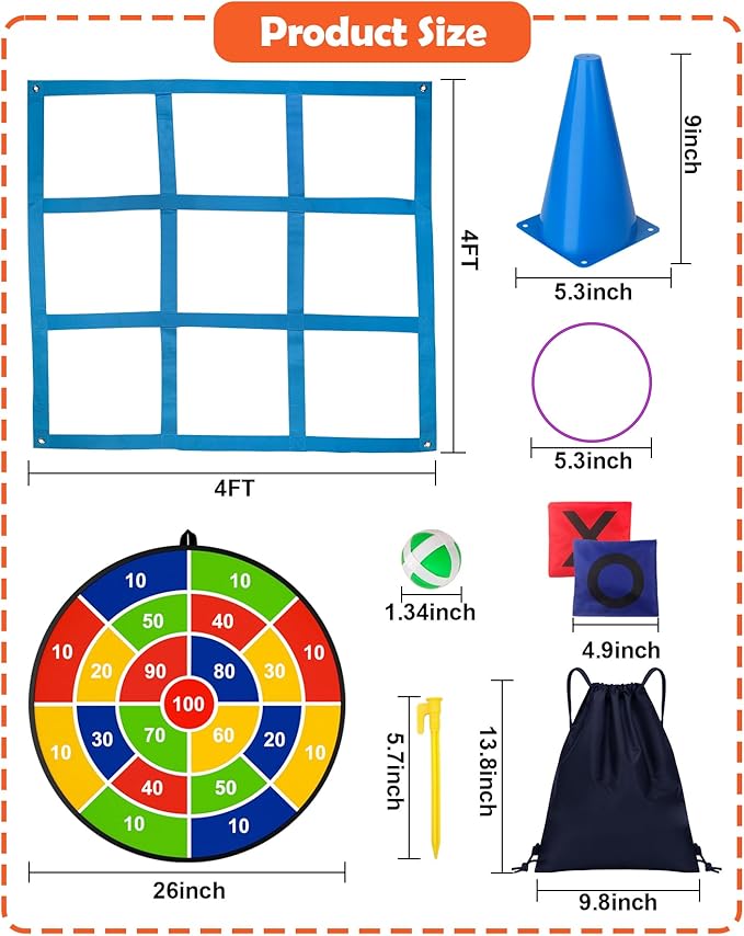 Carnival Games Set, Outdoor Giant Tic Tac Toe Games, Soft Plastic Cones Bean Bags Ring Toss Game Combo Set, 26" Dart Board with Sticky Balls for Kids Adults Family Indoor Lawn Yard Birthday Party