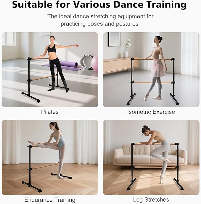 4FT/6FT Freestanding Ballet Barre Wood/Steel Height Adjustable from 7 to 46 inch Ballet Bar Portable Double Dance Bar for Home Workout and Stretch