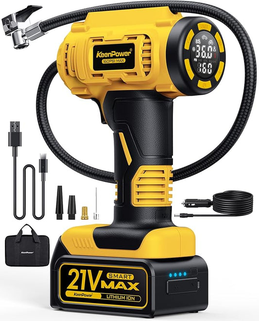 Cordless Tire Inflator Portable Air Compressor, 160PSI Car Tire Air Pump, 21V Rechargeable Battery Powered Air Compressor, Dual Power, Larger HD Digital Gauge w/4+N Smart Modes (Yellow)
