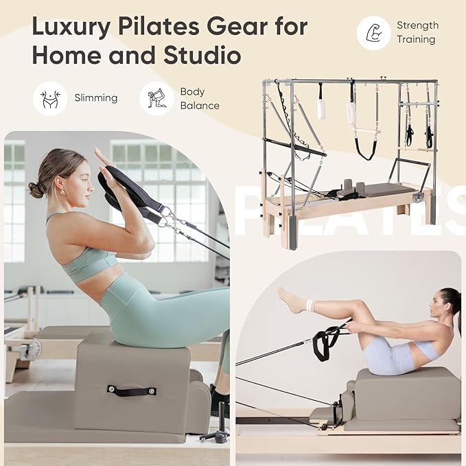 Pilates Reformer with Half Trapeze – Maple Wood Frame, Adjustable Resistance & Half Trapeze for Home Gym, Core Strength, Flexibility & Full-Body Workouts, Mocha