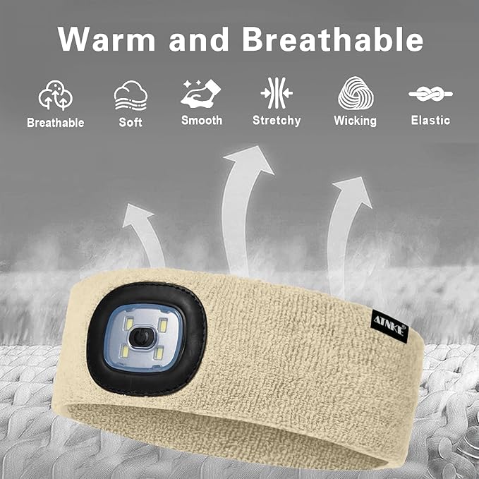 ATNKE 4 LED Lighted Sport Sweatband,USB Rechargeable Running Head Band Lamp High Stretch Wicking Gifts for Men and Women