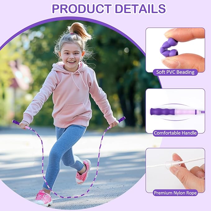 Jump Rope for Kids, Adjustable Jump Ropes for 4 5 6 7 8 10 12, Tangle Free Jumping Rope Age 8-12, Segmented Soft Beaded Skipping Rope for Women Fitness