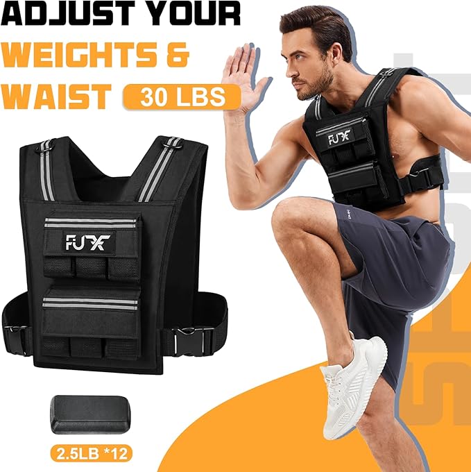 FUFF Adjustable Weighted Vest for Men,20lbs/30lbs/40lbs Vest for Strength Training,Weight Vest with Reflective Strip for Running Walking Exercise Workout