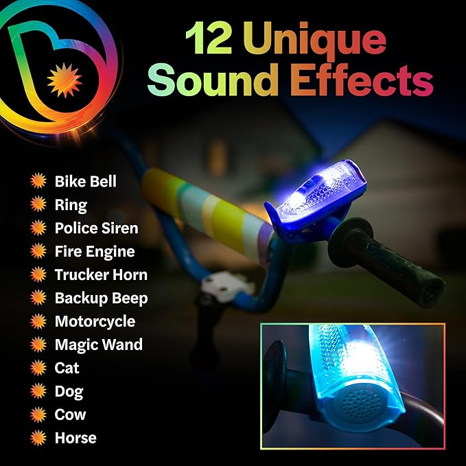 Brightz HornBrightz Light Up LED Bike Horn Light - 12 Unique Sound Effects - Bike Bell, Ring, Police Siren, Fire Engine, Trucker Horn, Backup Beep, Motorcycle, Magic Wand, Cat, Dog, Cow, Horse