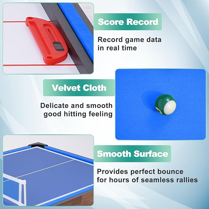 4-in-1 Multi Game Table, 54“ Foldable Combo Game Table Set with Ping Pong, Hockey, Pool Billiards and Foosball for Adults, Home, Game Room, Friends & Family（Dark Wood Grain）