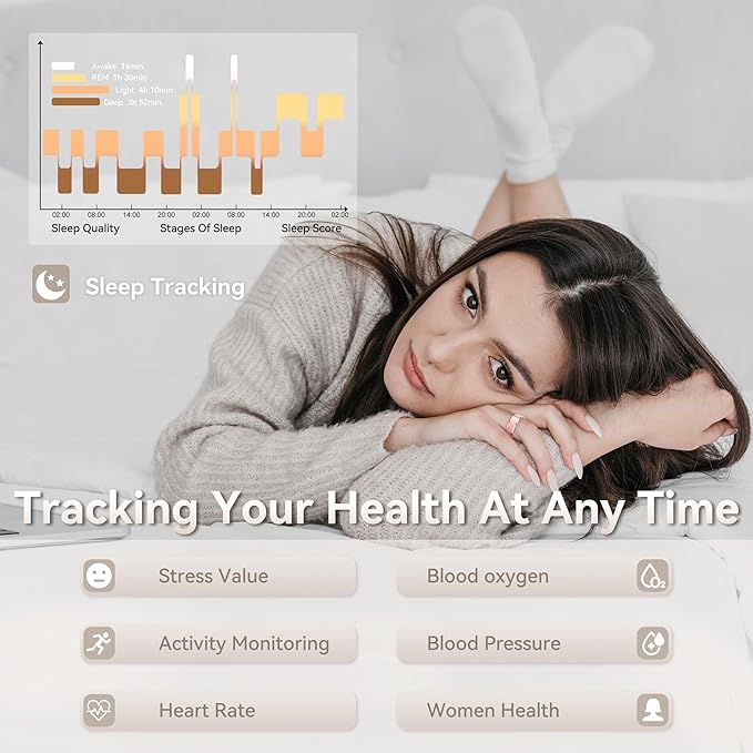 Health Smart Ring for Men Women, Fitness Tracker with Heart Rate/Blood Pressure/Blood Oxygen Monitor,Sleep Tracker,Pedometer, IP68 Waterproof Ring for iPhone&Android, No Subscription (Pink, Size10）