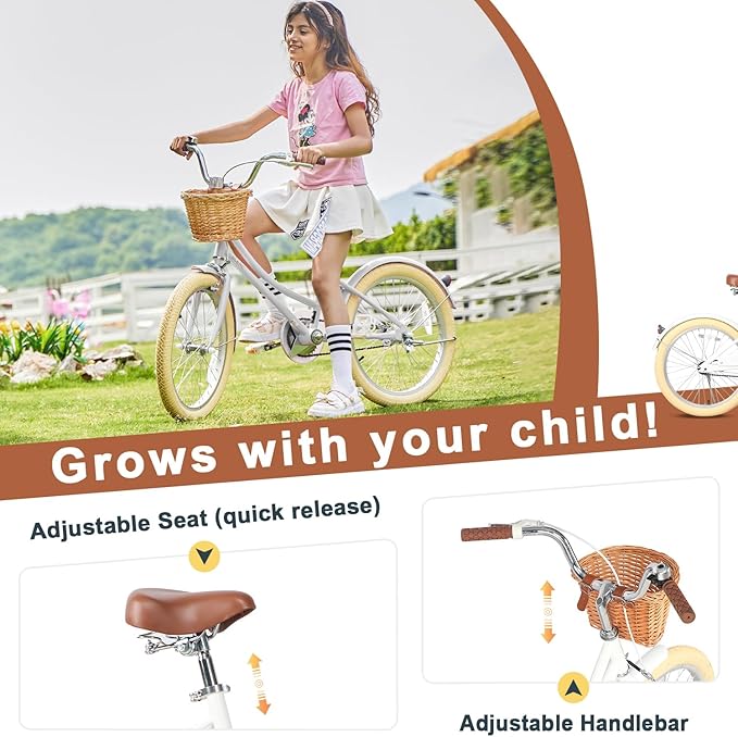 Glerc Little Molly 12-20 Inch Kids Retro Cruiser Bike for 2-13 Year Old with Wicker Basket & Training Wheels/Kickstand, Multiple Colors