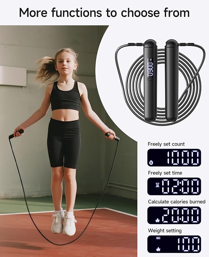 Smart Jump Rope – Customisable Calorie, Count and Time Settings Jump Ropes, Adjustable Steel Wire Skipping Rope with LED Display, for Men Women Fitness and Workout