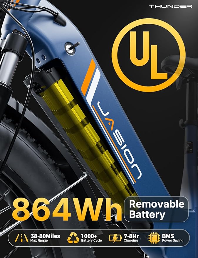 Jasion Thunder Electric Bike, 1500W Peak Motor, 30+MPH Max Speed & 80 Miles with 486Wh Removable Battery, APP Control Ebike for Adults, Hydraulic Brakes, Front Suspension, 26'' x 4'' Fat Tire Bicycles