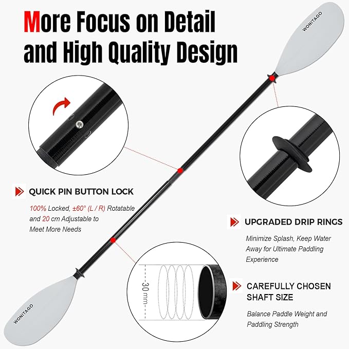 Kayak Paddle with Fiberglass Shaft and Reinforced Nylon Blade, Adjustable Kayaking Oars, 3 Piece, 230-250 cm/90-98 inches, 210-230 cm/82-90 inches