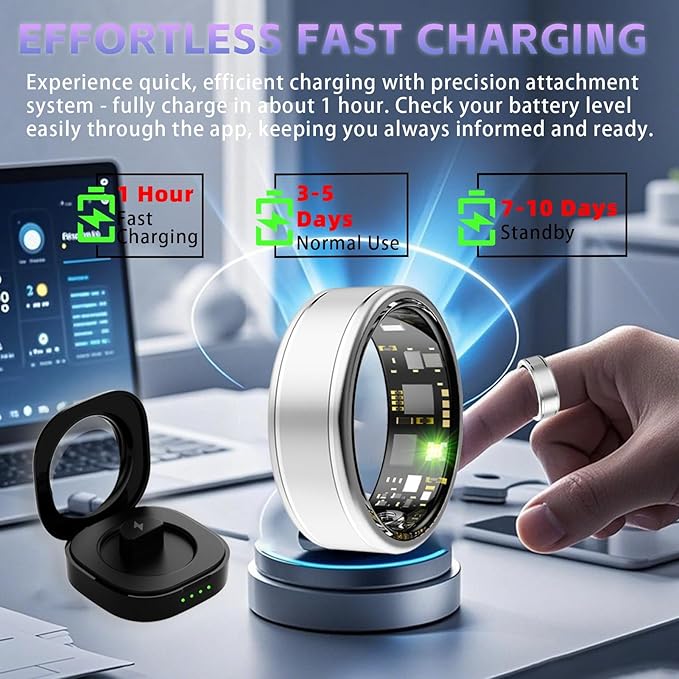 Fitness Tracker Ring for Women – Smart Ring with Heart Rate, SpO2, Blood Pressure, Sleep Monitoring, Step & Calorie Counter, 5ATM Waterproof, No Subscription Fee (Silver, 8)