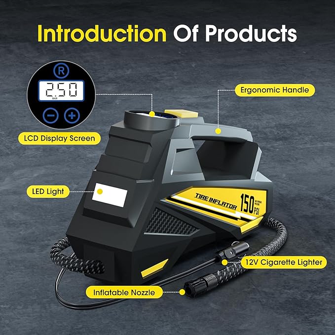 Tire Inflator Portable Air Compressor - DC 12V Air Pump for Car Tires with 150PSI LCD Digital Gauge & Emergency LED Light,Auto Tire Pump for Cars,Motorcycles,Bikes,Balls (Large)