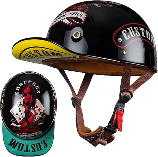 Vintage Baseball Cap Open Face Motorcycle Helmet - DOT Approve,GermanStyle Half Helmet for Adults, Ideal for Cruiser, Scooter & Moped, Unisex Design