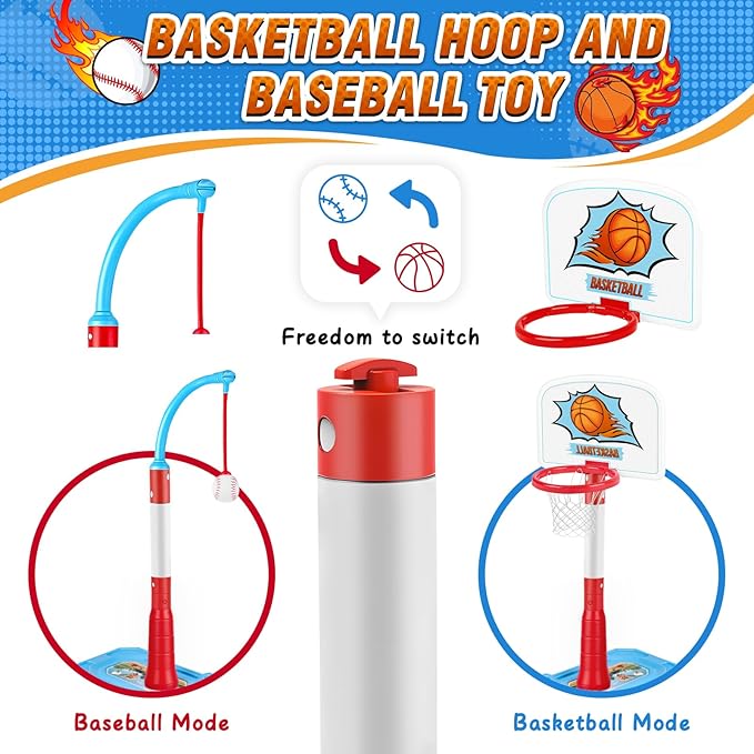 4 in 1 Toddler Basketball Hoop for Kids 1-3,Adjustable Height Kids Basketball Hoop,Stand with Hanging Tee Baseball & Automatic Pitcher,Toddler Indoor/Outdoor Toys for Boys Girls ,Gift for Birthday